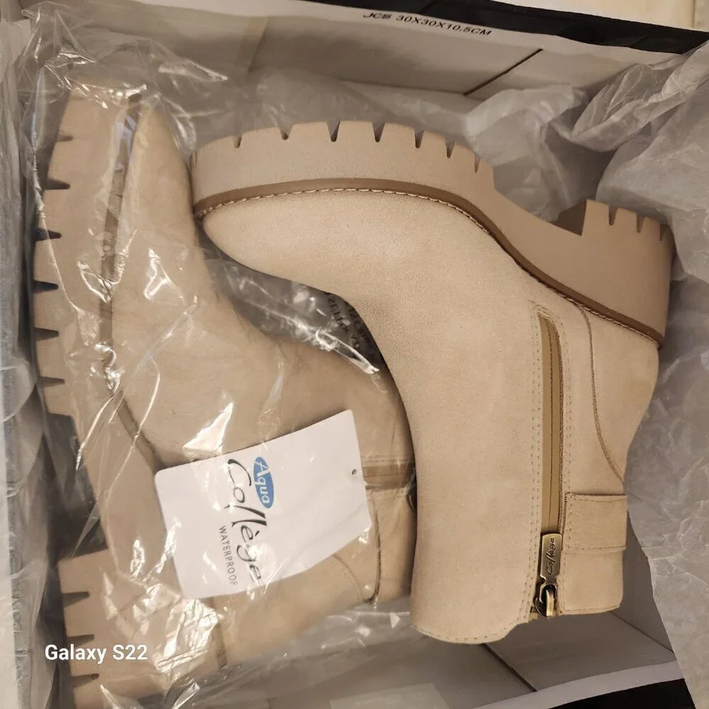 AQUA COLLEGE Womens Beige Waterproof Desiree Almond Toe Block Heel Booties 5.5 M